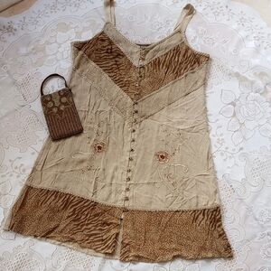 Beige and Brown Embroidered Dress with Matching Beaded Bag Sz 2X